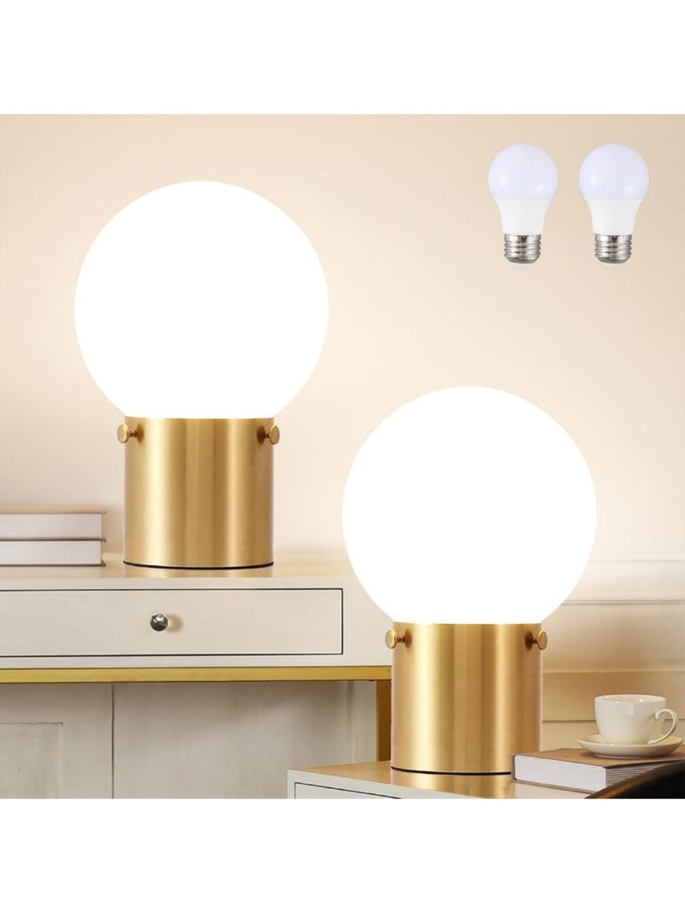 Set of 2 Mid Century Modern Gold Table Lamps, Frosted Glass Globe, Nightstand